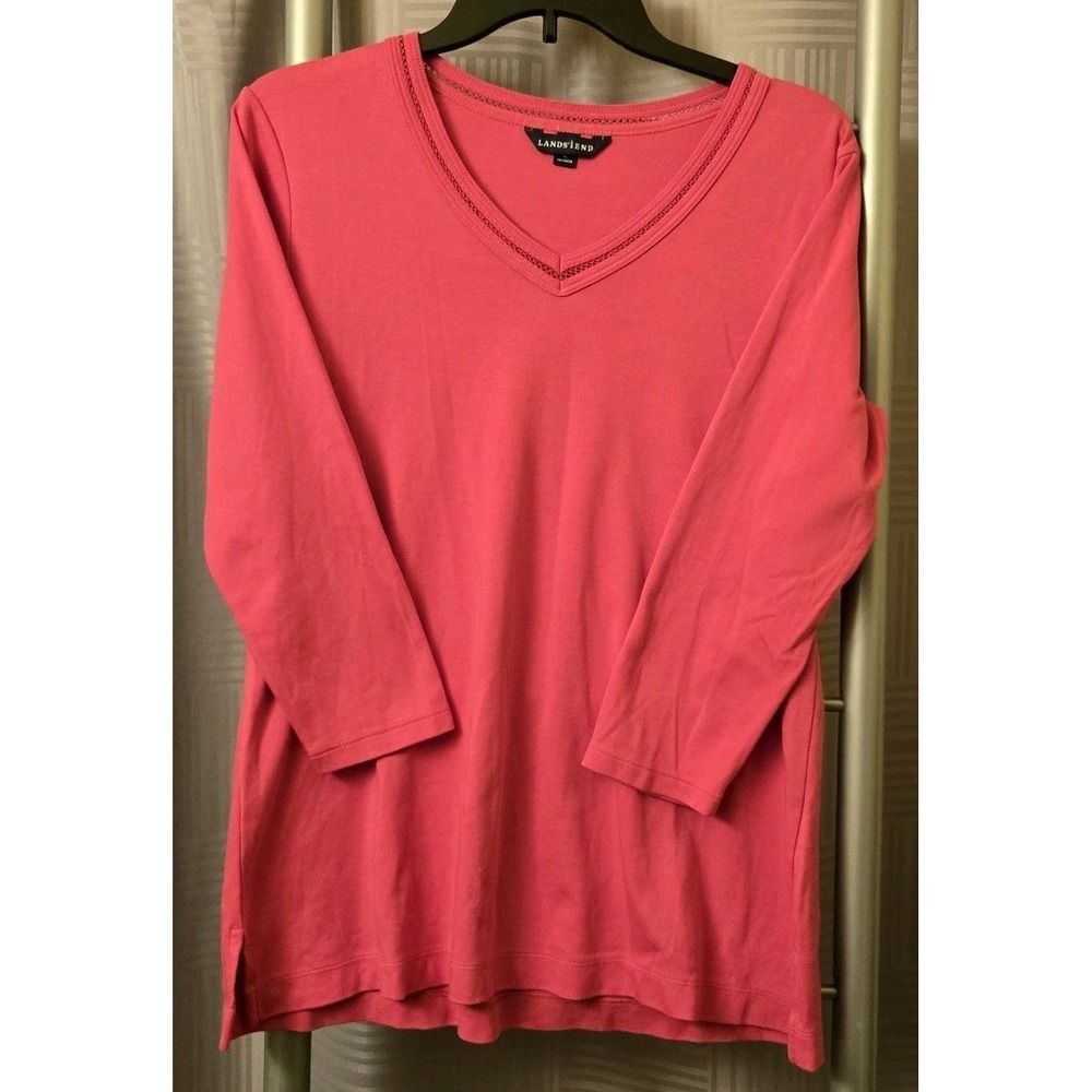Lands End Top Size S (6-8) Pink V-Neck 3/4 Sleeve Shirt 100% Cotton Women's